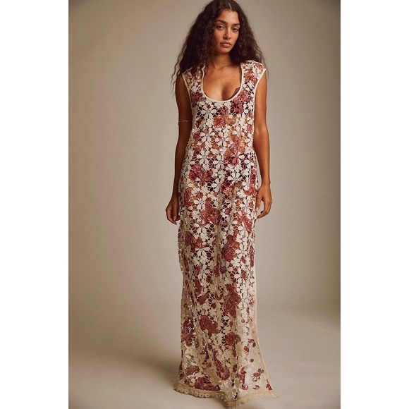 Free People Dresses & Skirts - Free People Lilly Lace Maxi Dress Ivory Red Paisley Floral Crochet OB1524608 M